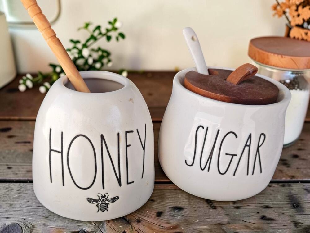 Rae Dunn Honey Pot Sugar Bowl Set Ceramic Wooden Lids Dipper Spoon Farmhouse LL